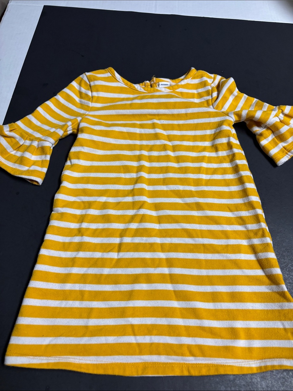 Old Navy Yellow and White Striped Ruffle-Sleeve Dress